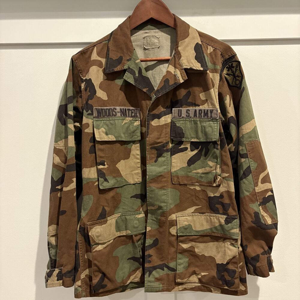 Vintage US Army Woodland BDU Jacket Mens Small Camo Combat Uniform‎ 90s Patch